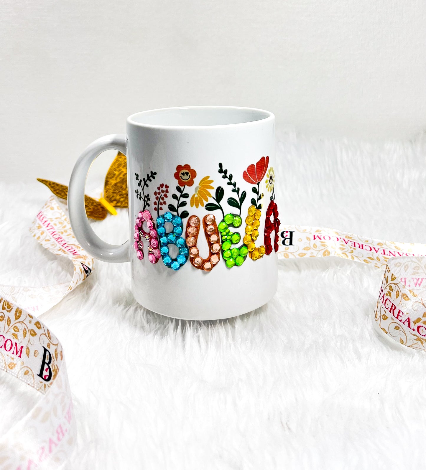 Taza Abuela con cristales- Diseño Floral con Piedras de Colores